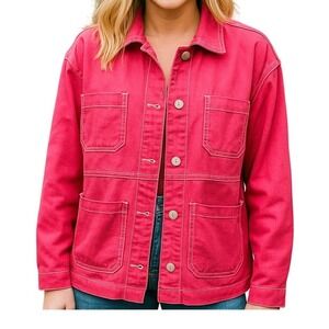 Oversized‎ Collared Multi Pocket Raspberry Red Barn Utility Denim Jacket Size S